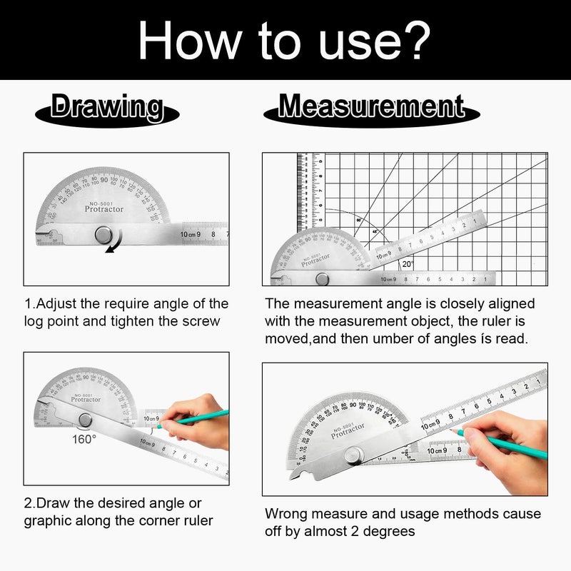EQUNROY Protractor and Compass Set - 10cm (3.94 Inch) Stainless Steel Angle Finder with 2 Metal Compasses, 180° Adjustable Two Arm Ruler for Geometry, Woodworking, Engineering & School Supplies - Image 4